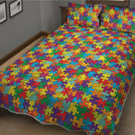Colorful Autism Awareness Puzzle Print Quilt Bed Set