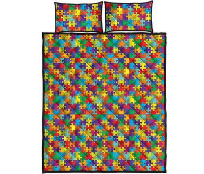 Colorful Autism Awareness Puzzle Print Quilt Bed Set