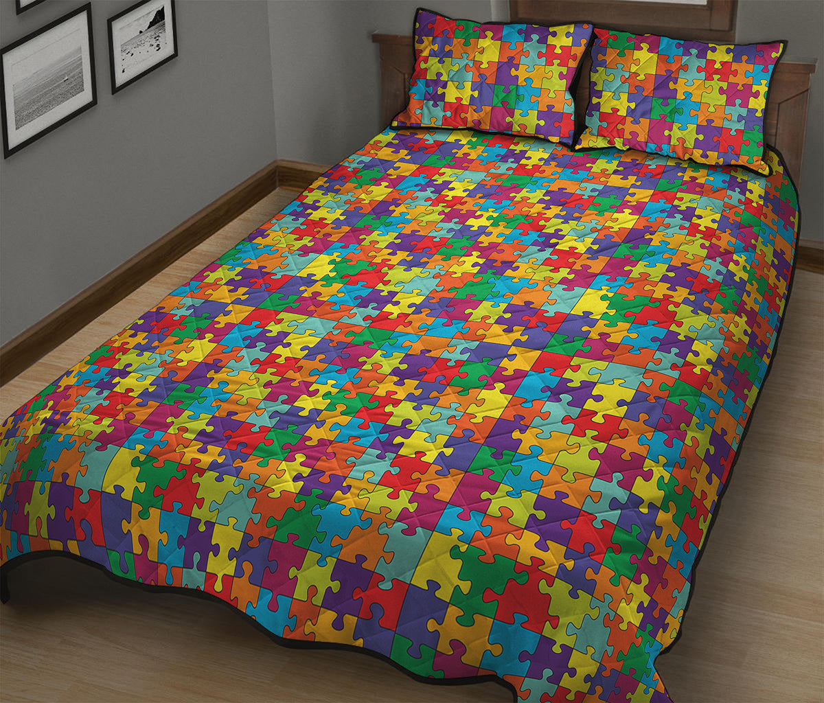 Colorful Autism Awareness Puzzle Print Quilt Bed Set