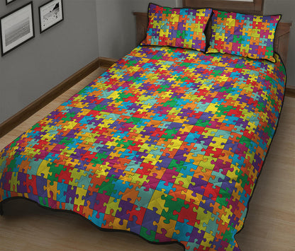Colorful Autism Awareness Puzzle Print Quilt Bed Set