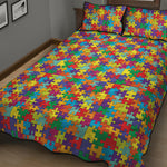 Colorful Autism Awareness Puzzle Print Quilt Bed Set