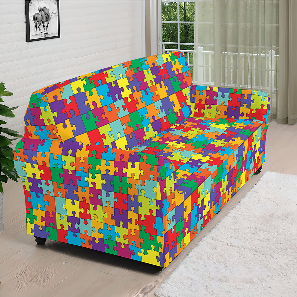 Colorful Autism Awareness Puzzle Print Sofa Cover