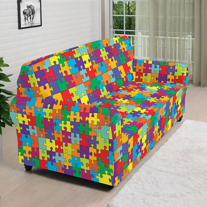 Colorful Autism Awareness Puzzle Print Sofa Cover