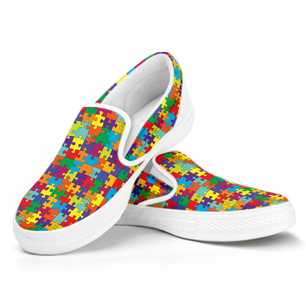 Colorful Autism Awareness Puzzle Print White Slip On Shoes