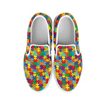 Colorful Autism Awareness Puzzle Print White Slip On Shoes
