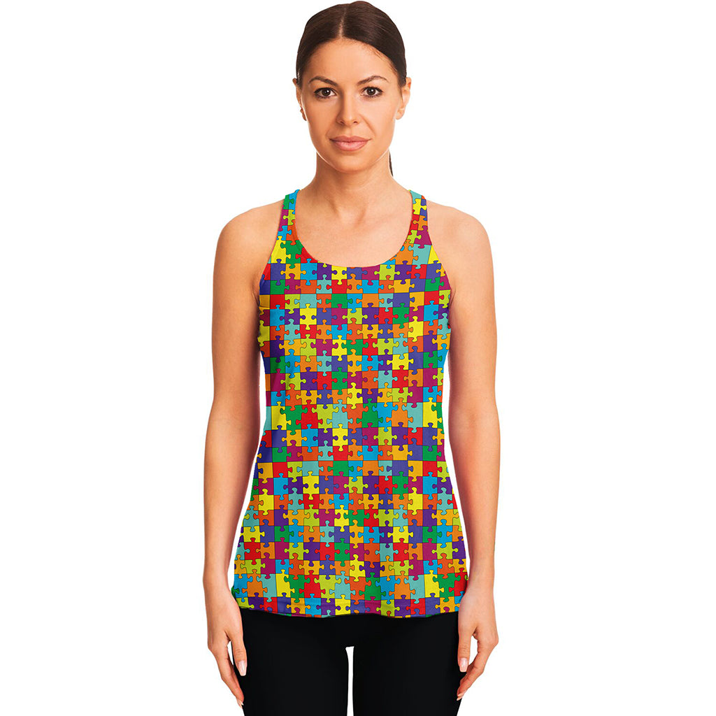 Colorful Autism Awareness Puzzle Print Women's Racerback Tank Top