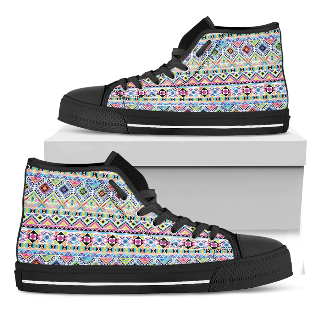 Colorful Aztec Geometric Pattern Print Black High Top Shoes