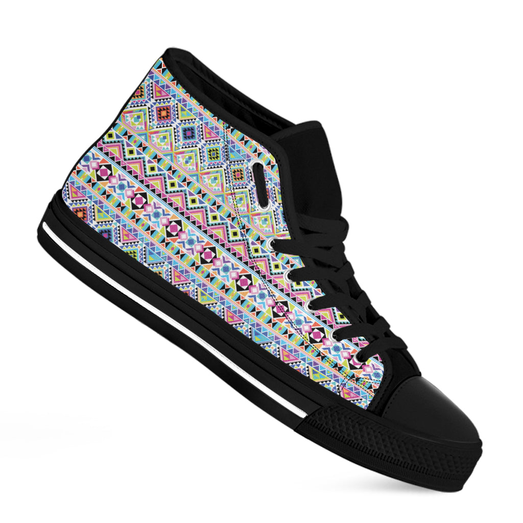 Colorful Aztec Geometric Pattern Print Black High Top Shoes