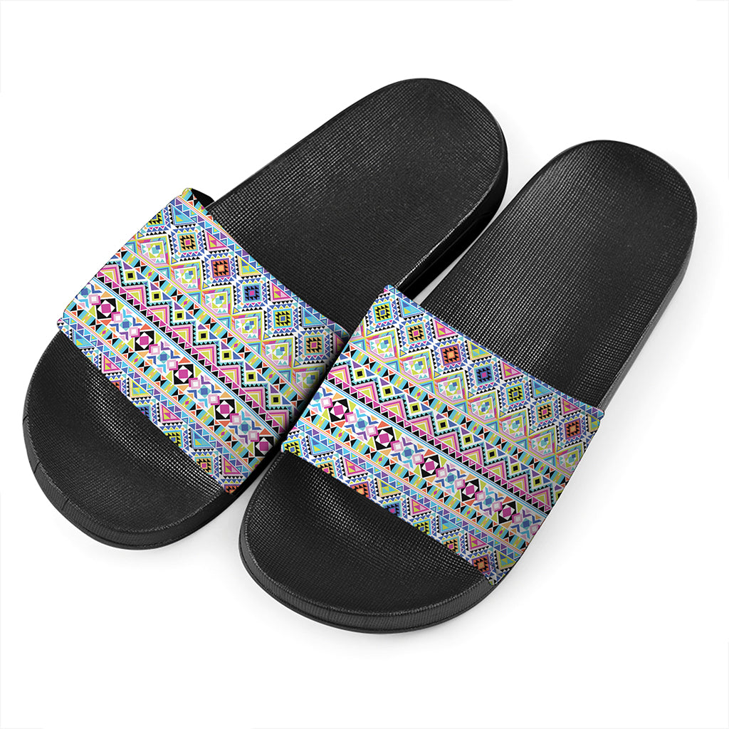 Colorful Aztec Geometric Pattern Print Black Slide Sandals