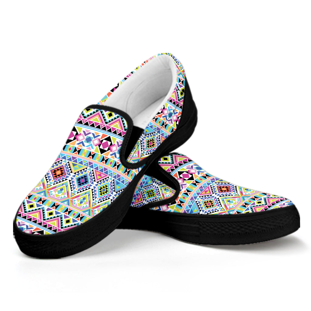 Colorful Aztec Geometric Pattern Print Black Slip On Shoes