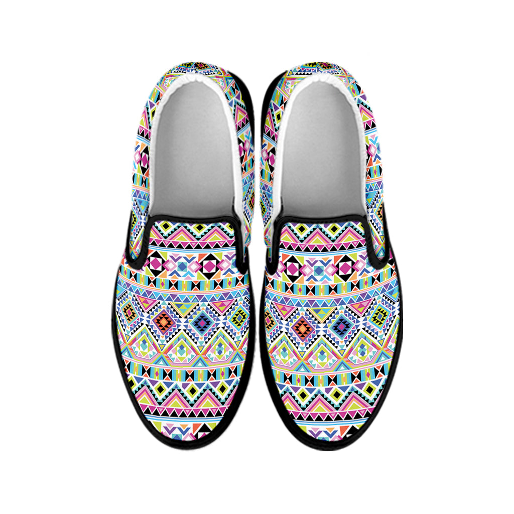 Colorful Aztec Geometric Pattern Print Black Slip On Shoes