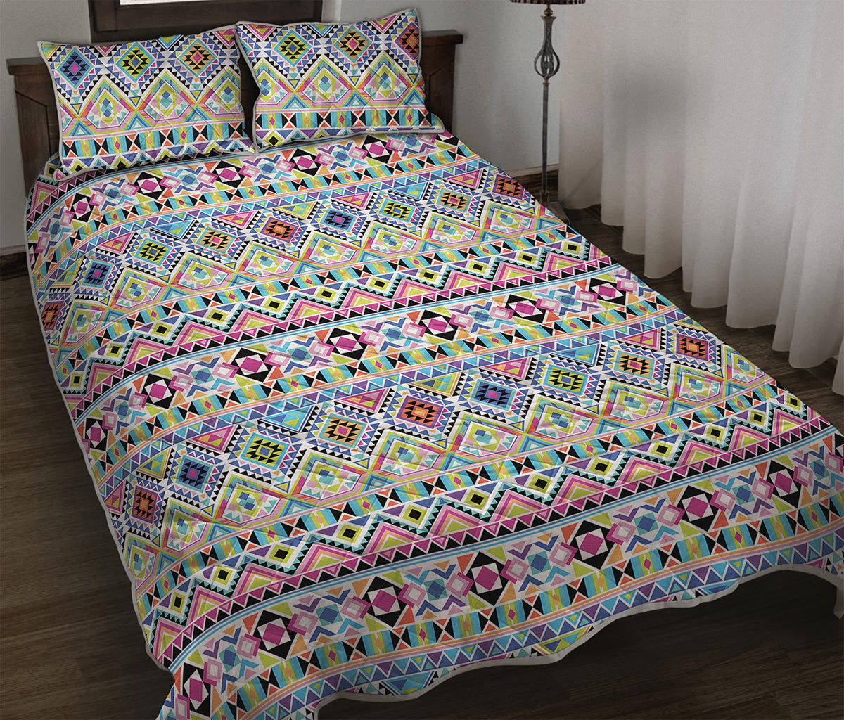 Colorful Aztec Geometric Pattern Print Quilt Bed Set