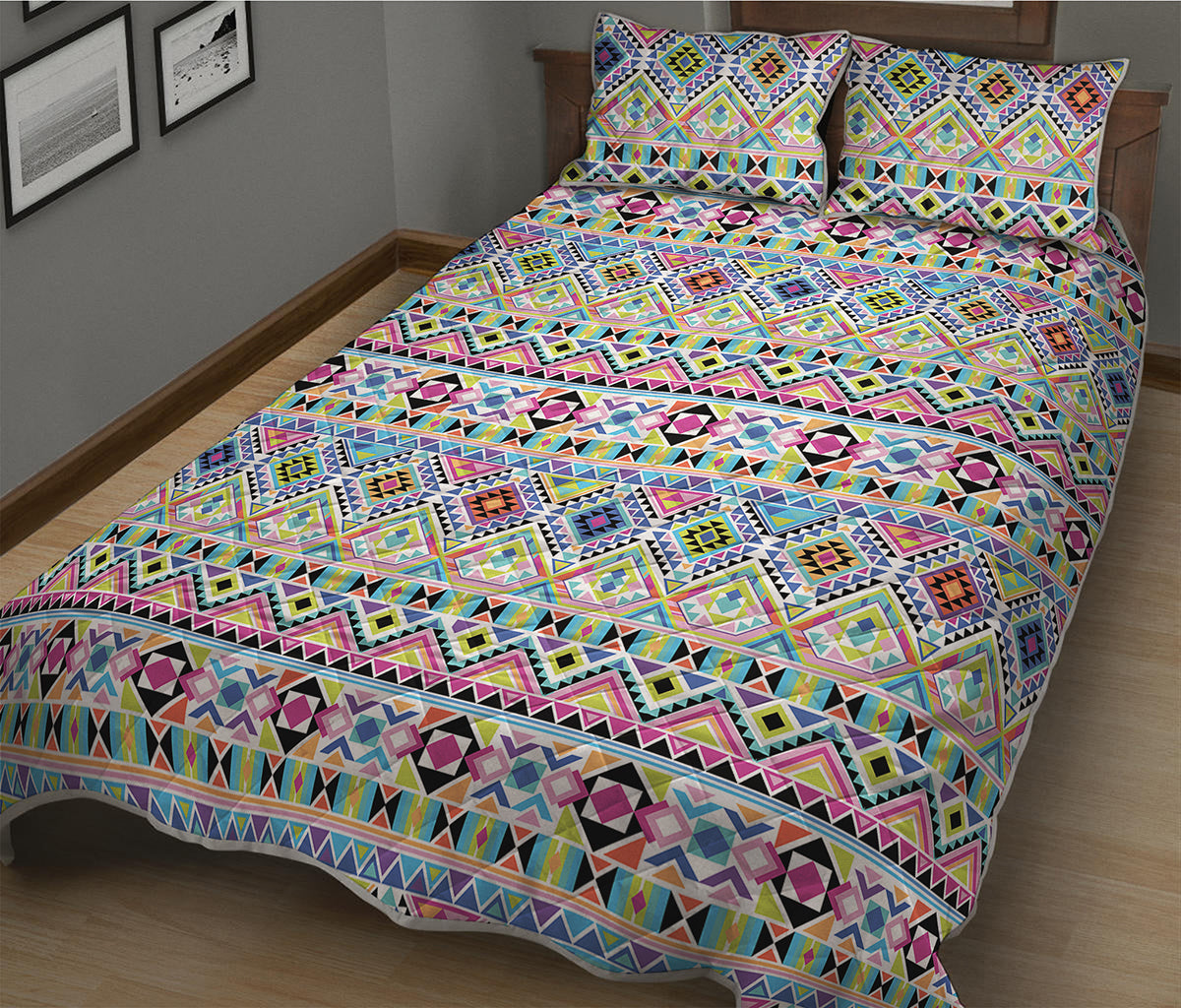 Colorful Aztec Geometric Pattern Print Quilt Bed Set