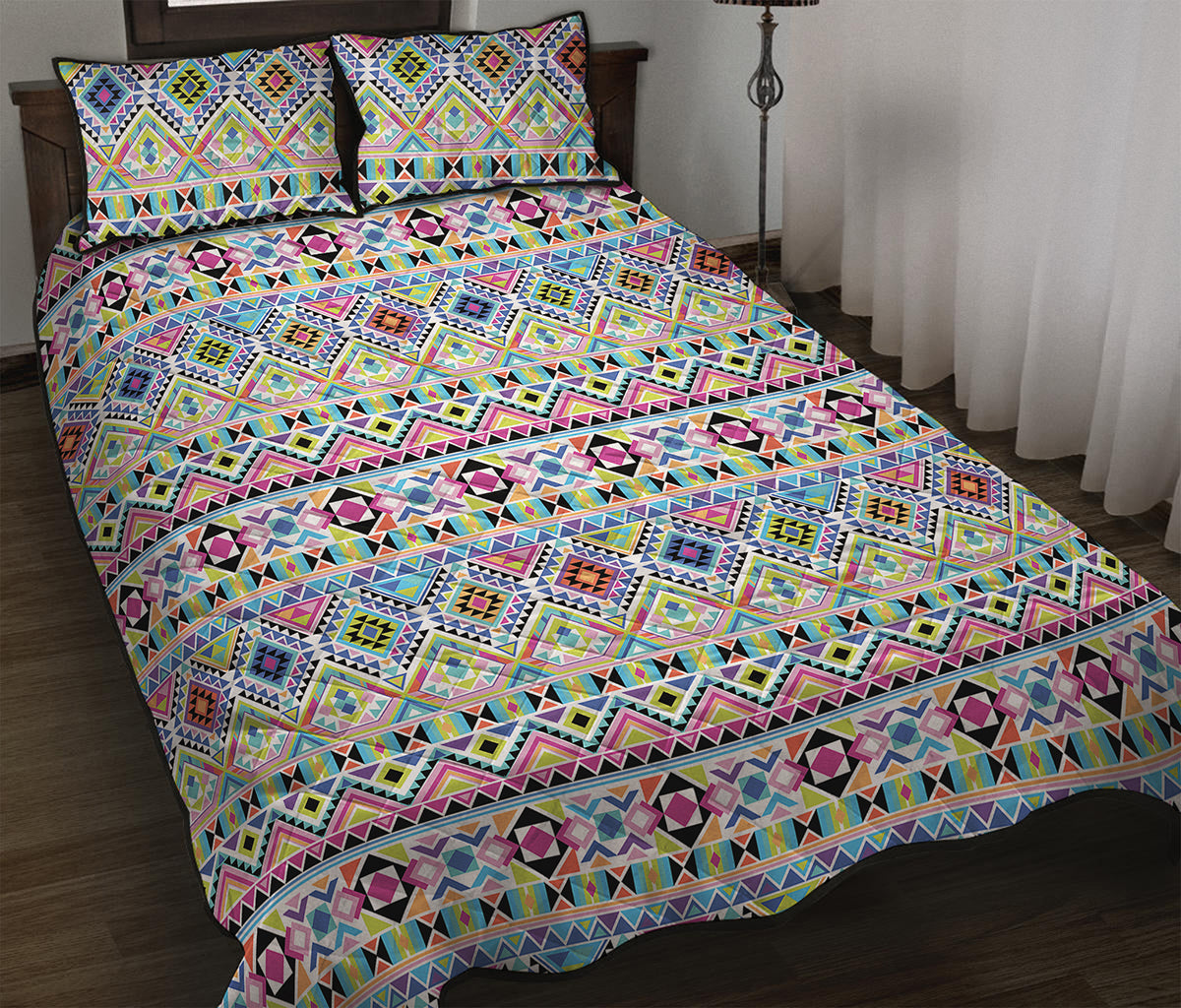 Colorful Aztec Geometric Pattern Print Quilt Bed Set