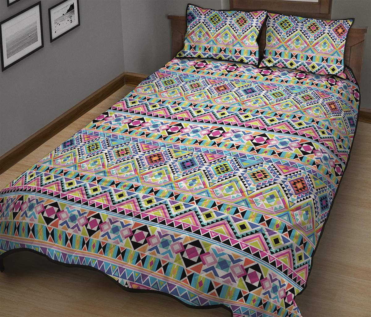 Colorful Aztec Geometric Pattern Print Quilt Bed Set