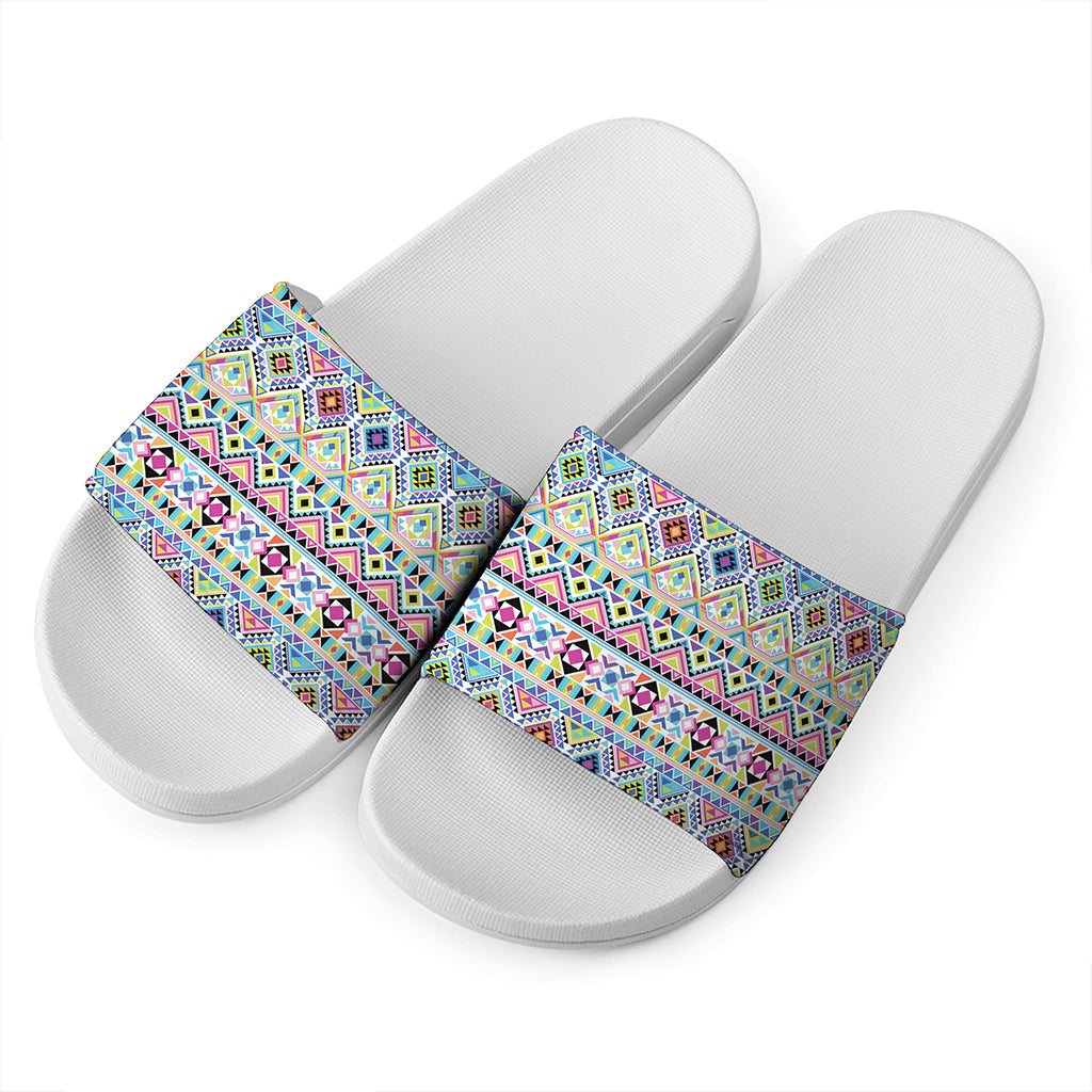 Colorful Aztec Geometric Pattern Print White Slide Sandals