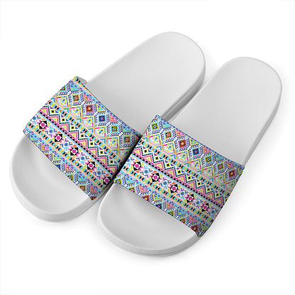 Colorful Aztec Geometric Pattern Print White Slide Sandals