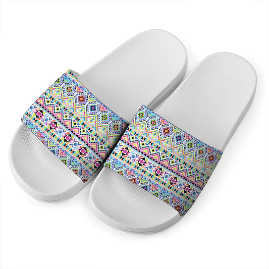 Colorful Aztec Geometric Pattern Print White Slide Sandals