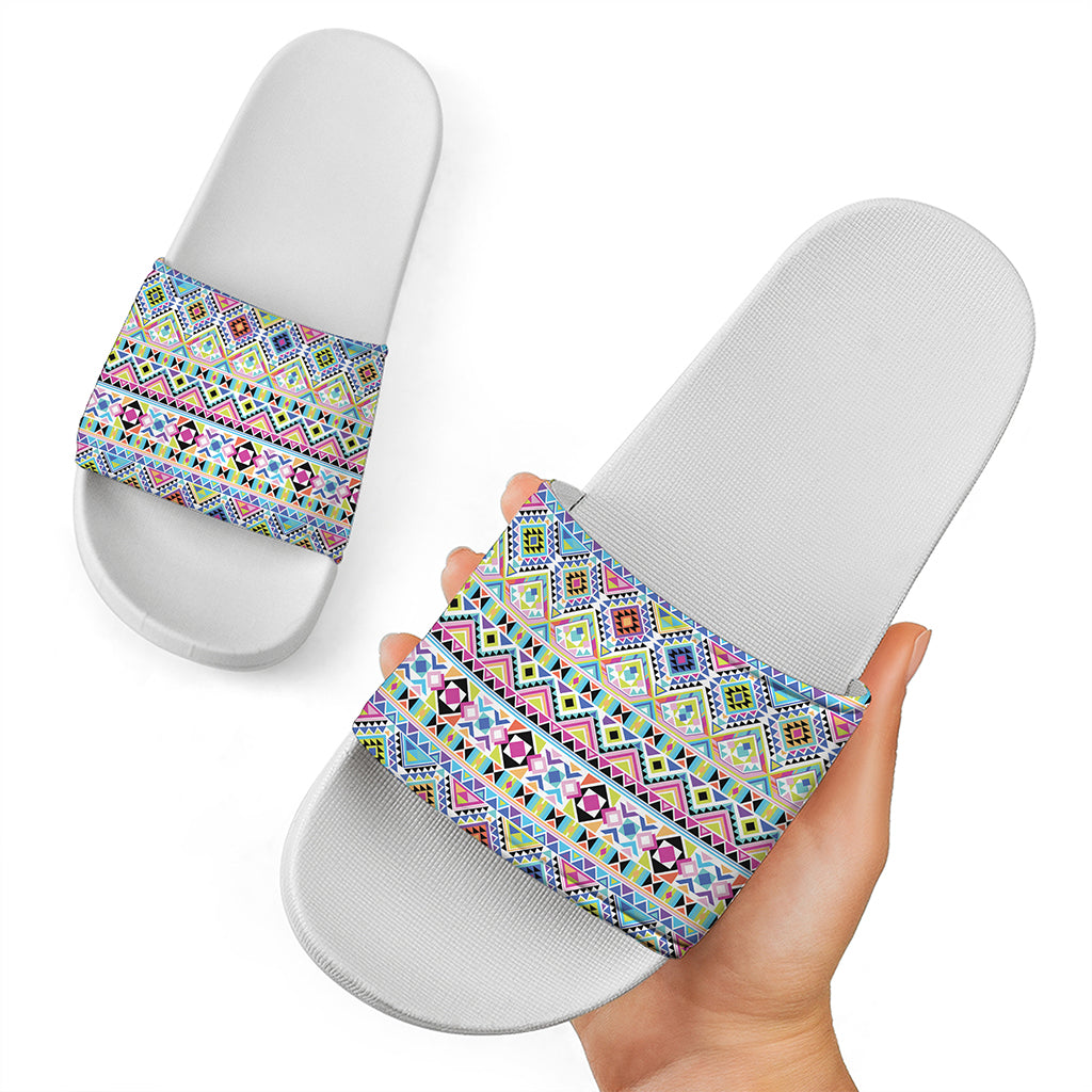 Colorful Aztec Geometric Pattern Print White Slide Sandals