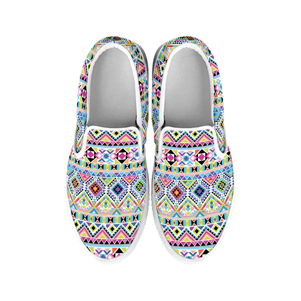 Colorful Aztec Geometric Pattern Print White Slip On Shoes