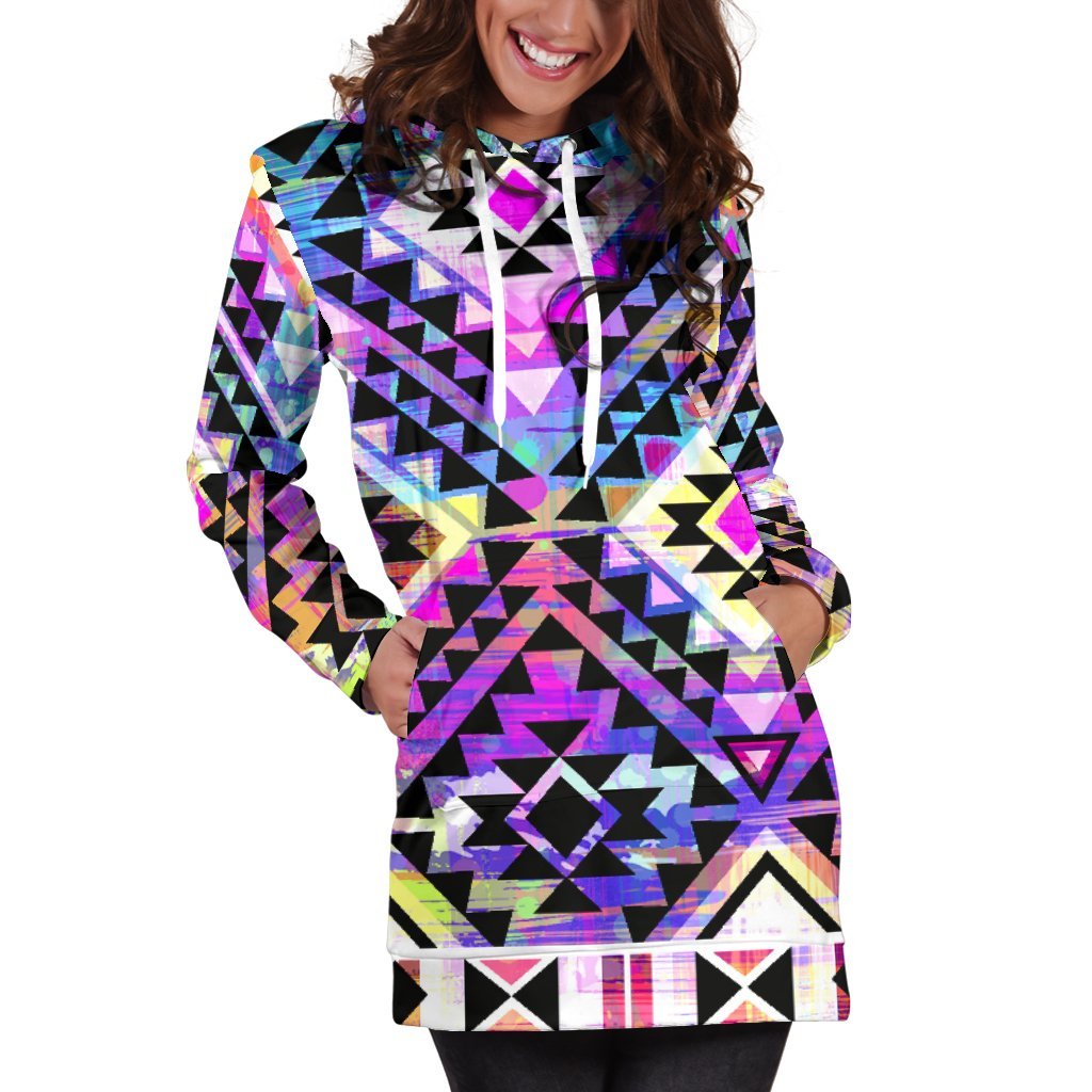 Colorful Aztec Pattern Print Hoodie Dress GearFrost