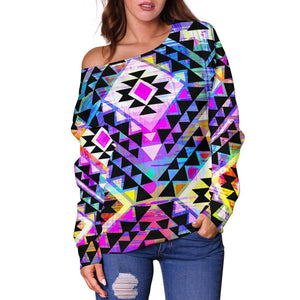 Colorful Aztec Pattern Print Off Shoulder Sweatshirt GearFrost