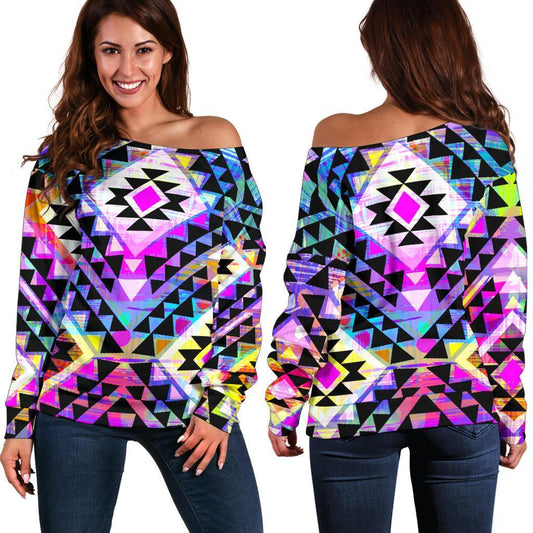 Colorful Aztec Pattern Print Off Shoulder Sweatshirt GearFrost