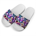 Colorful Aztec Pattern Print White Slide Sandals