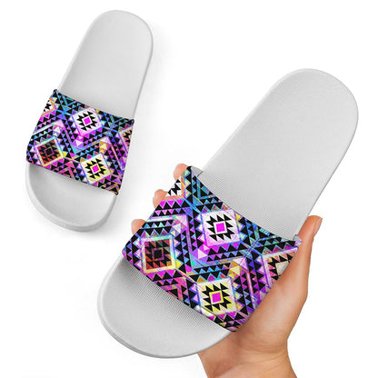Colorful Aztec Pattern Print White Slide Sandals
