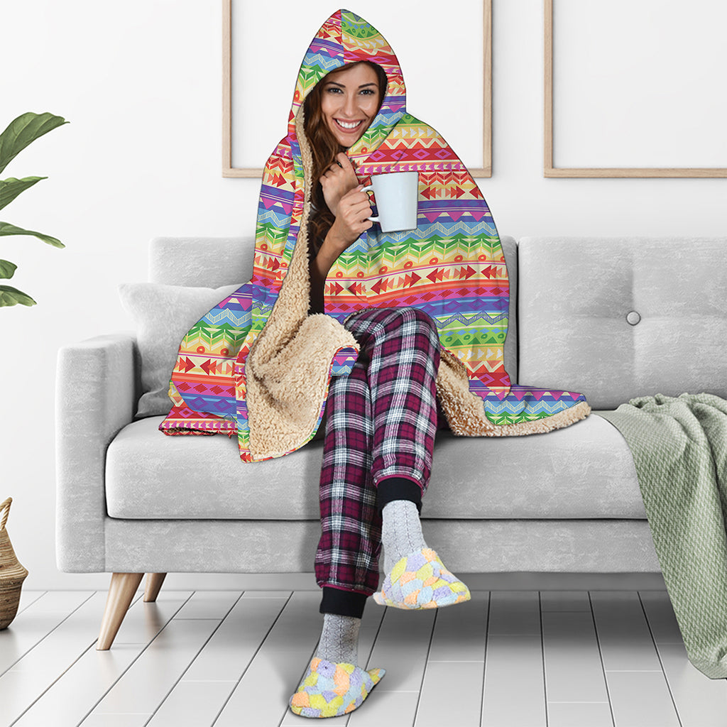 Colorful Aztec Tribal Pattern Print Hooded Blanket