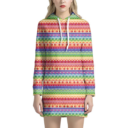 Colorful Aztec Tribal Pattern Print Hoodie Dress