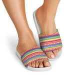 Colorful Aztec Tribal Pattern Print White Slide Sandals