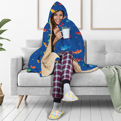 Colorful Baby Sharks Pattern Print Hooded Blanket