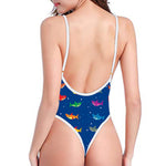 Colorful Baby Sharks Pattern Print One Piece High Cut Swimsuit