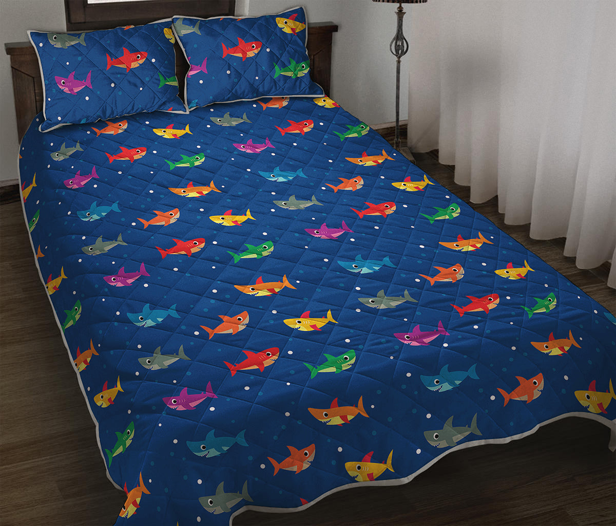 Colorful Baby Sharks Pattern Print Quilt Bed Set