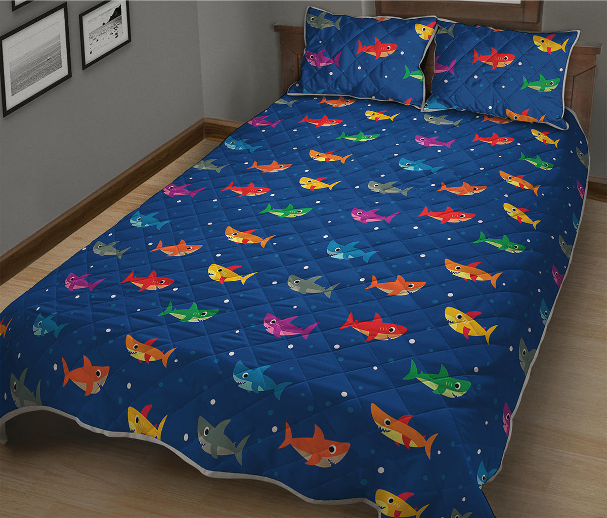 Colorful Baby Sharks Pattern Print Quilt Bed Set