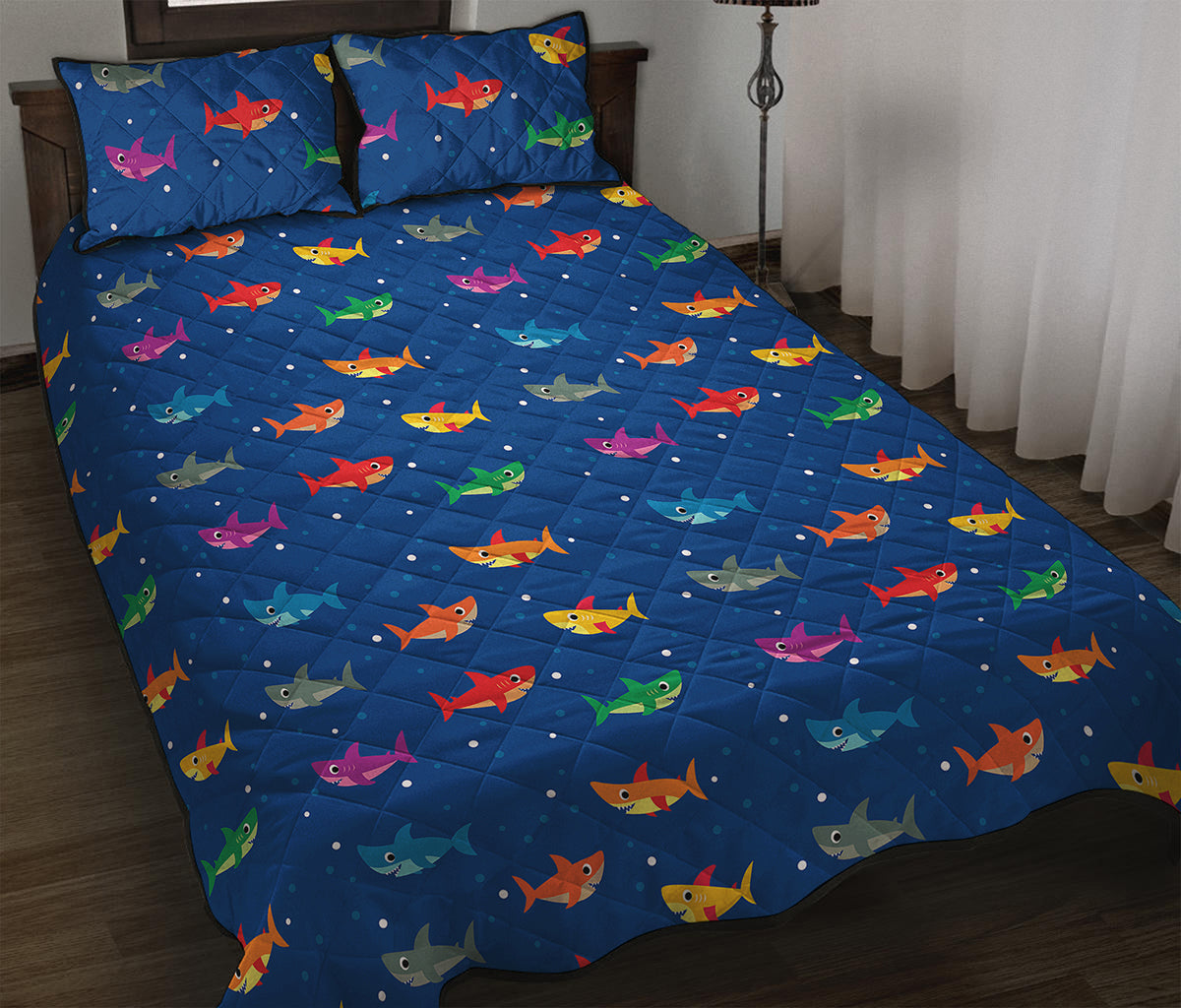 Colorful Baby Sharks Pattern Print Quilt Bed Set
