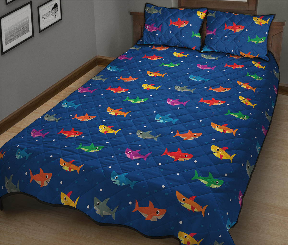 Colorful Baby Sharks Pattern Print Quilt Bed Set
