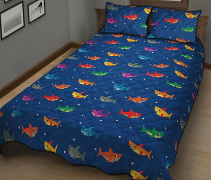 Colorful Baby Sharks Pattern Print Quilt Bed Set