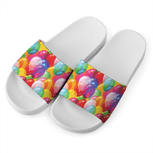 Colorful Balloon Pattern Print White Slide Sandals