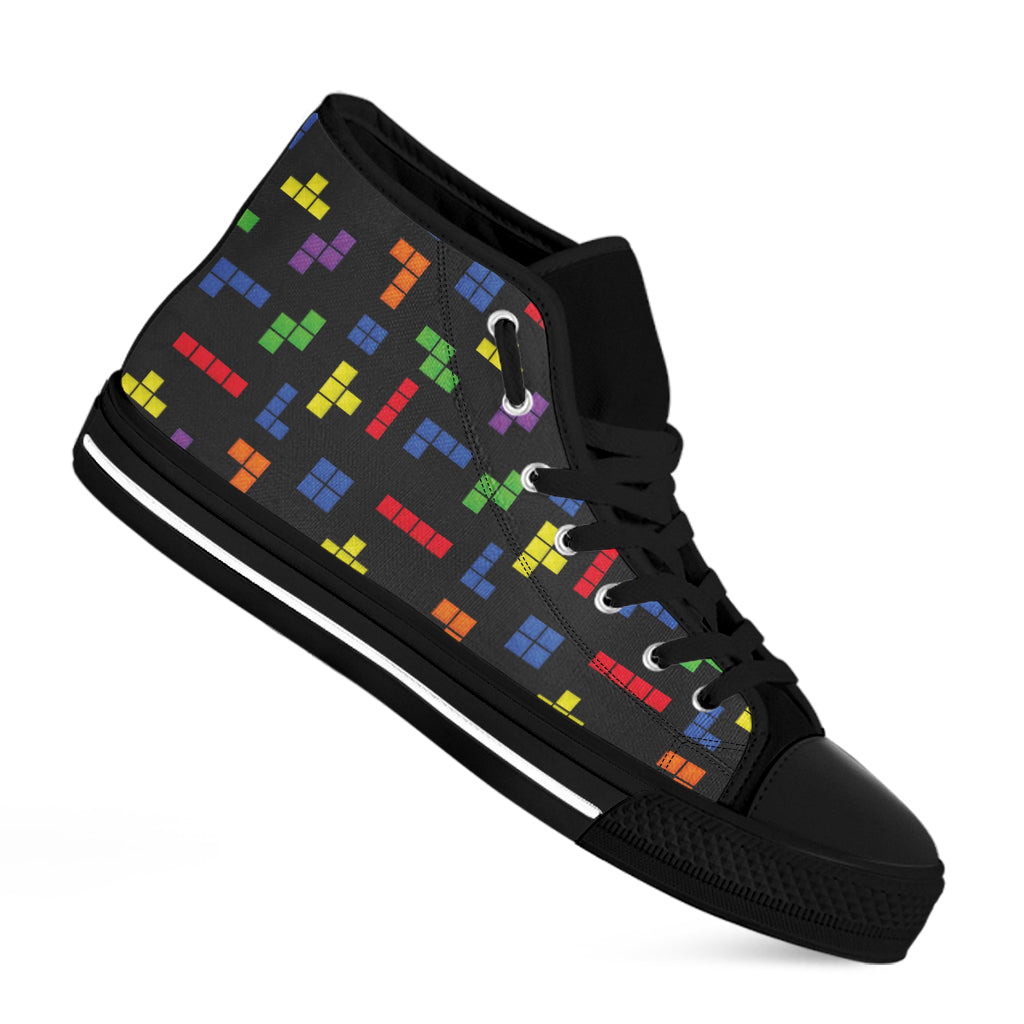 Colorful Block Puzzle Game Pattern Print Black High Top Shoes