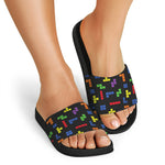 Colorful Block Puzzle Game Pattern Print Black Slide Sandals