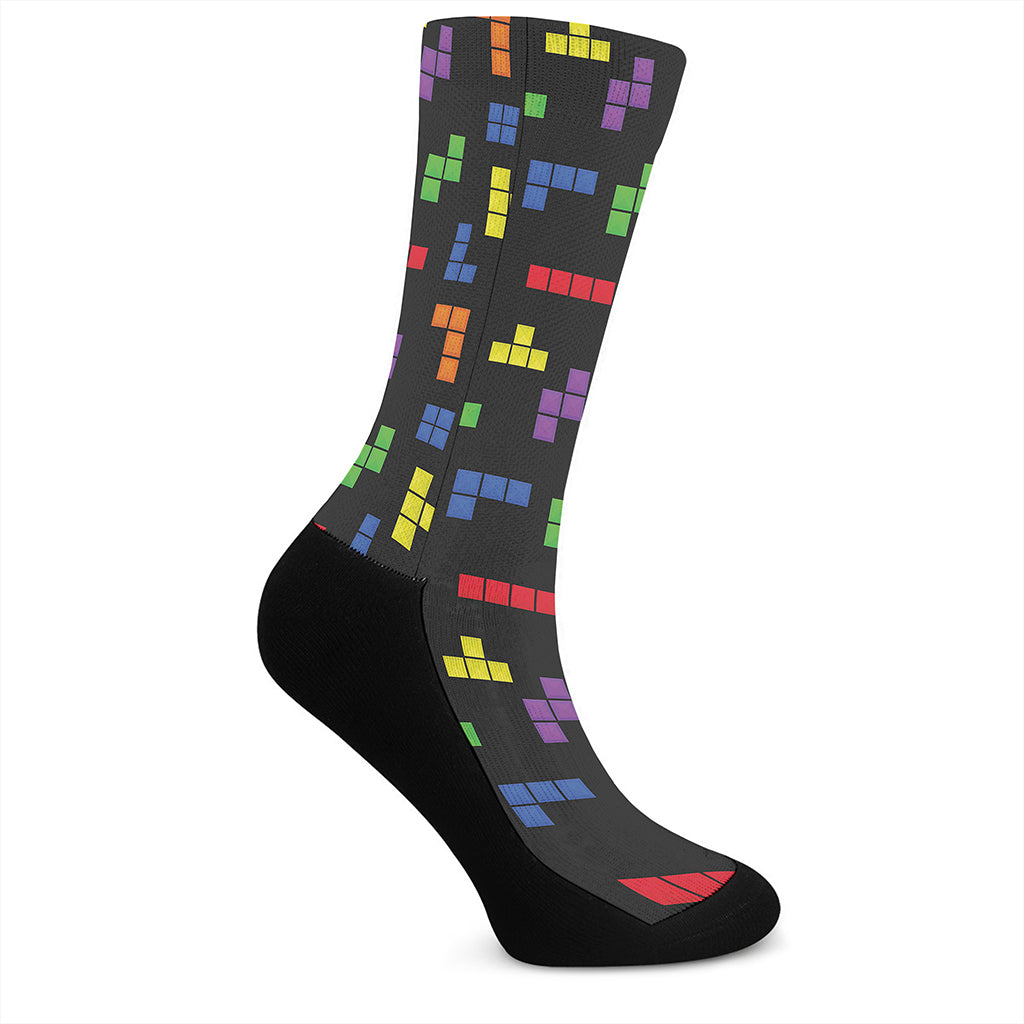 Colorful Block Puzzle Game Pattern Print Crew Socks