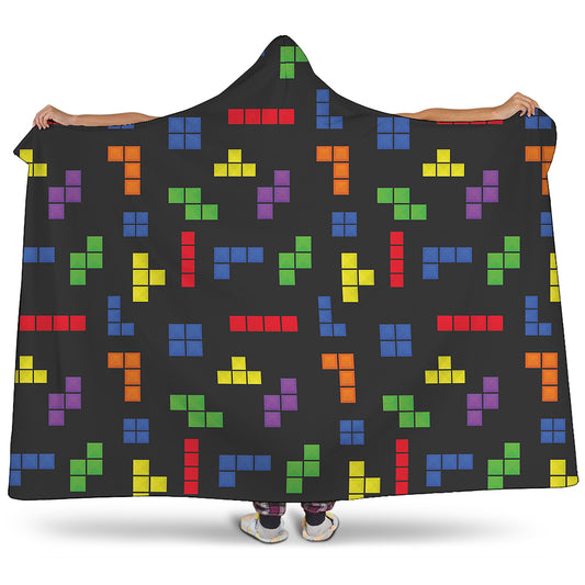 Colorful Block Puzzle Game Pattern Print Hooded Blanket