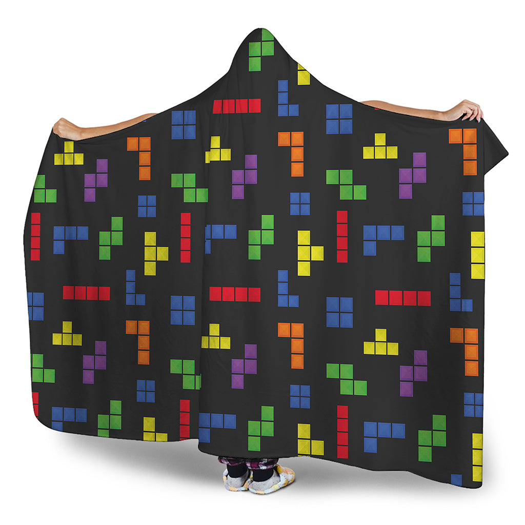 Colorful Block Puzzle Game Pattern Print Hooded Blanket