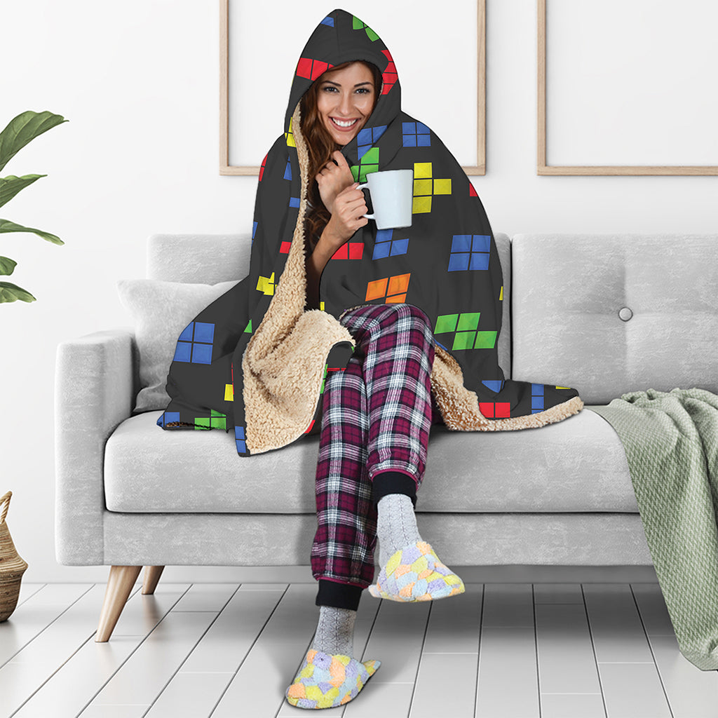 Colorful Block Puzzle Game Pattern Print Hooded Blanket
