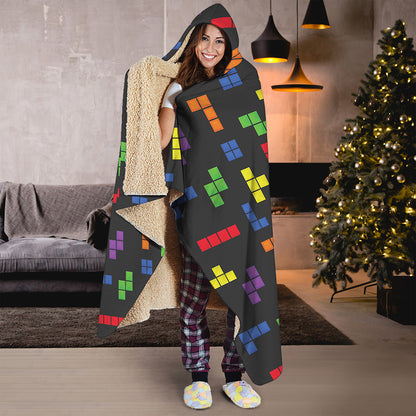 Colorful Block Puzzle Game Pattern Print Hooded Blanket