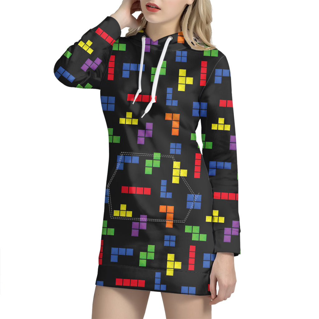 Colorful Block Puzzle Game Pattern Print Hoodie Dress