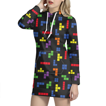 Colorful Block Puzzle Game Pattern Print Hoodie Dress