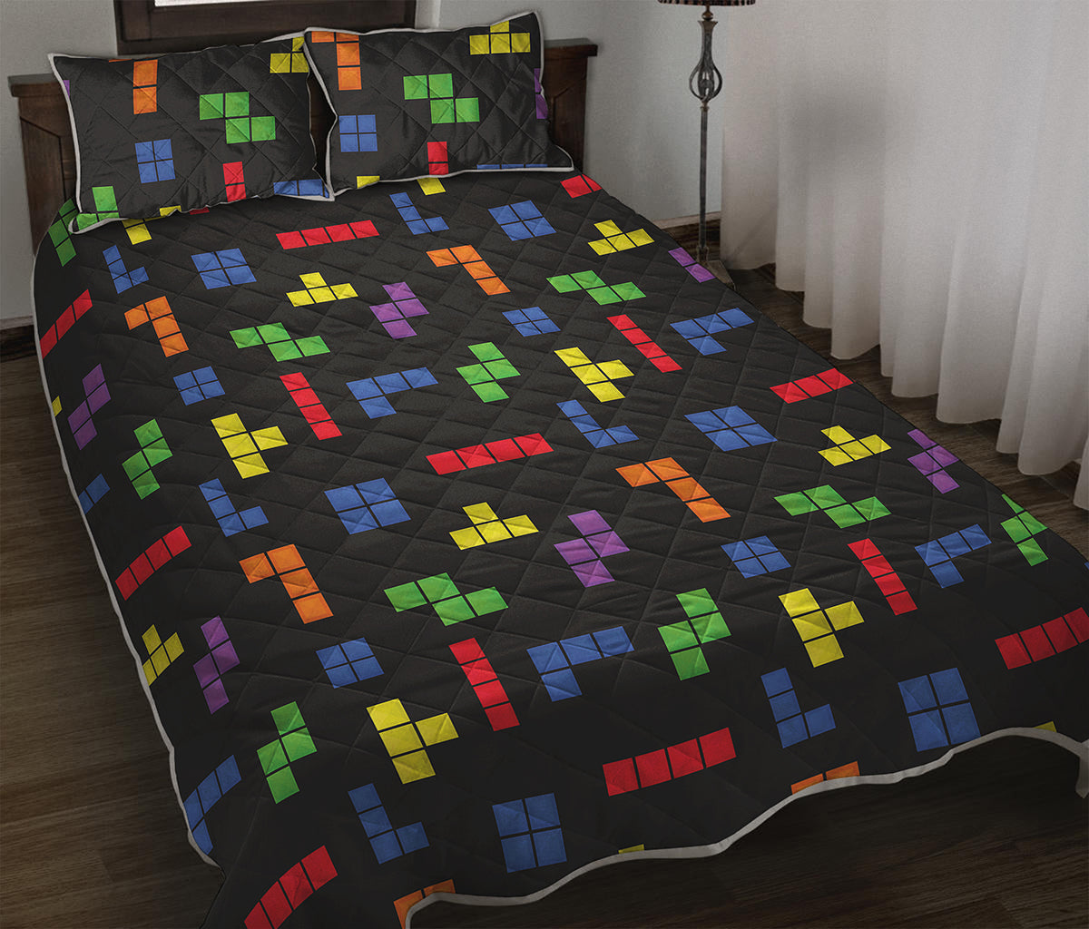 Colorful Block Puzzle Game Pattern Print Quilt Bed Set